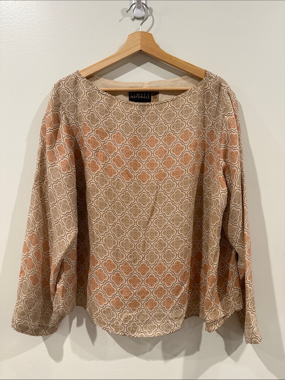 Finity Naturals II 100% Silk Printed Beige & Peach Long Sleeve Blouse, 1X